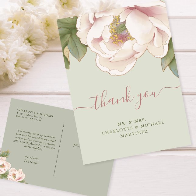 Sage & Blush Peony Floral Bridal Shower Thank You  Postcard (Creator Uploaded)