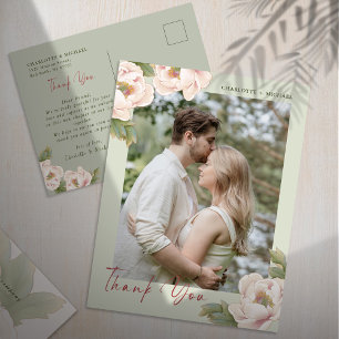 Sage & Blush Peony Floral Photo Wedding Thank You Postcard