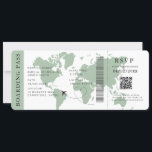 Sage Boarding Pass Destination wedding QR code  Invitation<br><div class="desc">Sage green Boarding pass wedding ticket invitation featuring a destination world map,  Wedding Pass,  Destination Wedding,  Passport with QR code Rsvp card.</div>