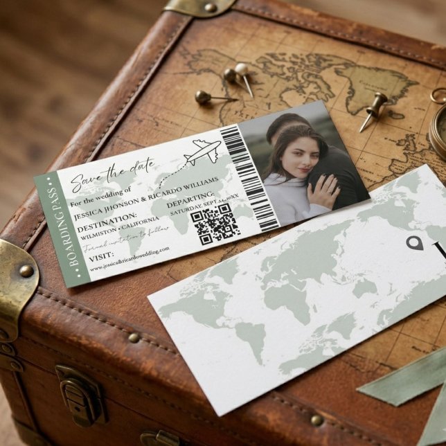 Sage  Boarding pass wedding save the date ticket Invitation (Creator Uploaded)