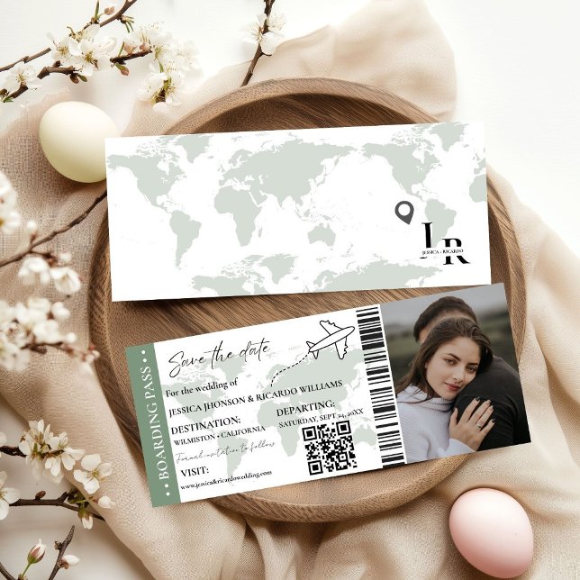 Sage  Boarding pass wedding save the date ticket Invitation (Creator Uploaded)