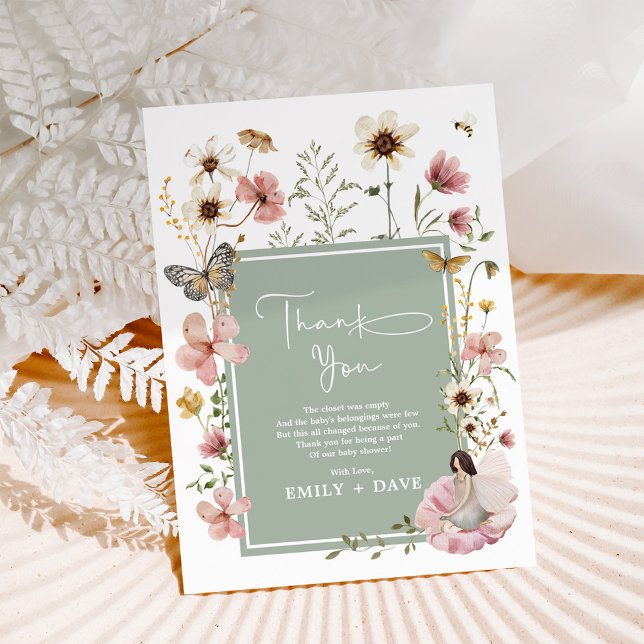 Sage Boho Fairy Wildflower Garden Baby Shower Thank You Card (Creator Uploaded)