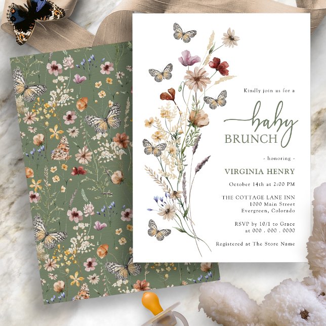Sage Boho Wildflower Baby Brunch Invitation (Sage Green Boho Wildflower Baby Brunch Invitation with Butterflies by Painted Paperie
)