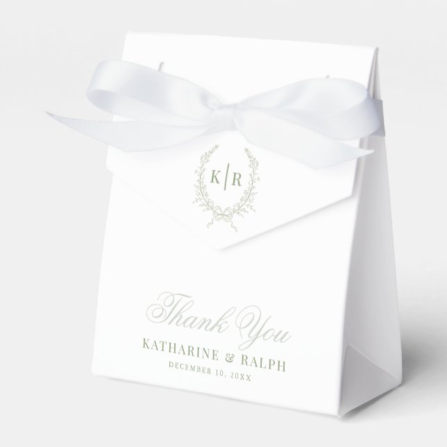 Sage Botaniacal & Ribbon Crest Monogram Wedding Favour Box (Front Side)