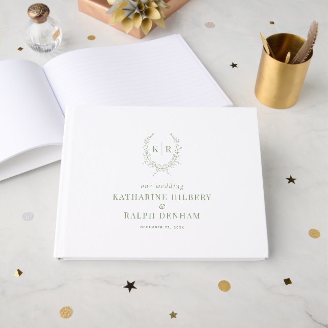 Sage Botaniacal & Ribbon Crest Monogram Wedding Guest Book (Front Open)