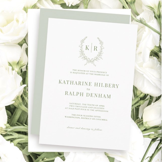 Sage Botaniacal & Ribbon Crest Monogram Wedding Invitation (Creator Uploaded)