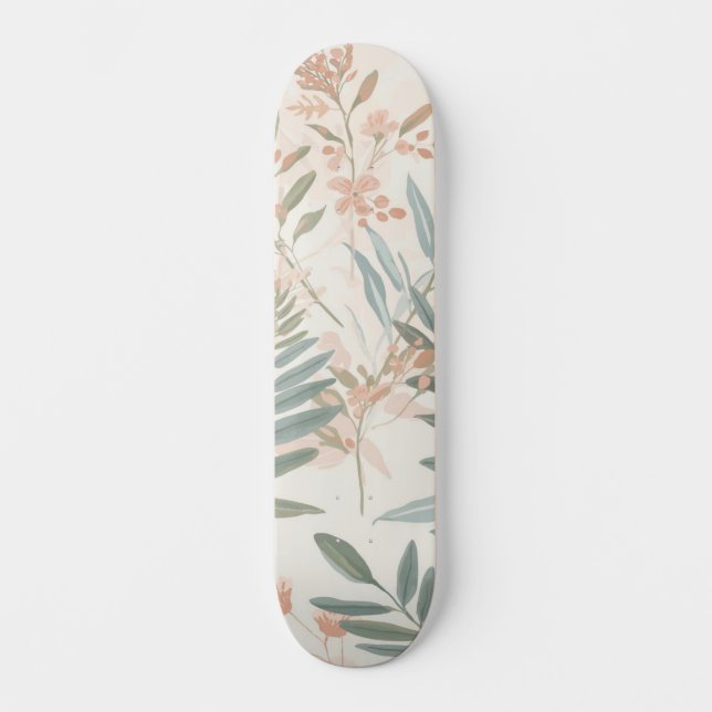 Sage Botanical Blush Leaf Watercolor Pattern Skateboard (Front)