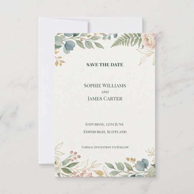 Sage Botanical Border Save The Date Card (Front)