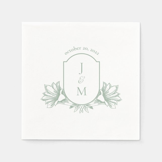 Sage Botanical Monogram Crest Wedding Napkins (Front)