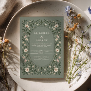 Sage Botanical Oval Cottage Garden Wedding Invitation