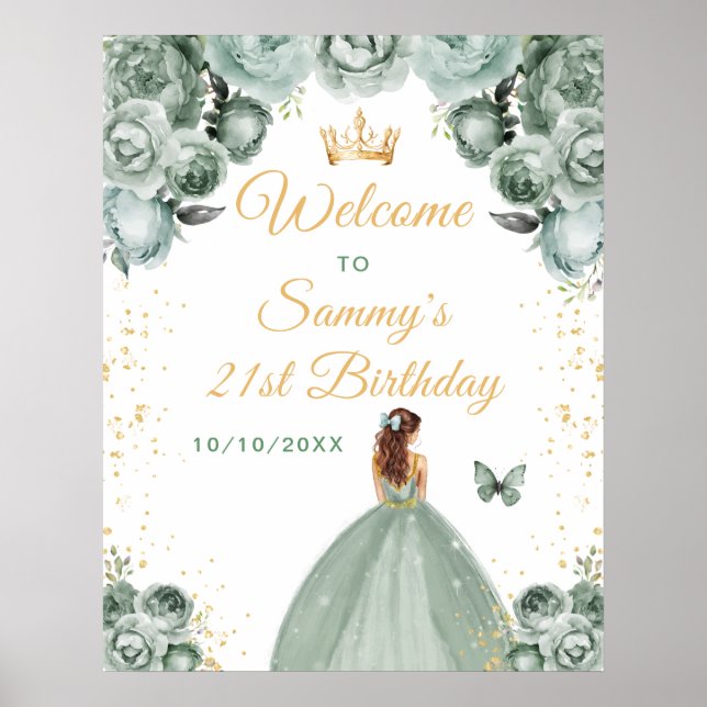 Sage Brown Hair Princess Birthday Welcome Poster (Front)
