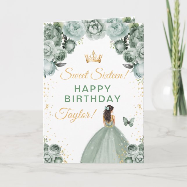 Sage Brunette Hair Girl Sweet Sixteen Birthday Card (Front)