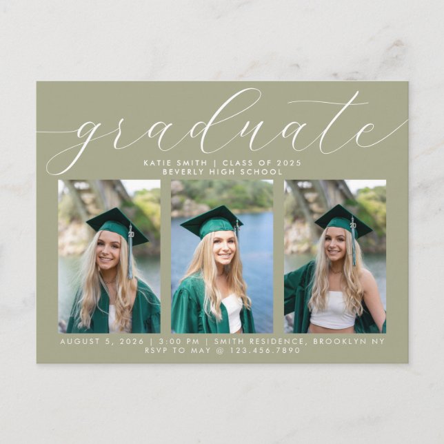 Sage Calligraphy Minimal Graduation 3 Photo Invitation Postcard (Front)