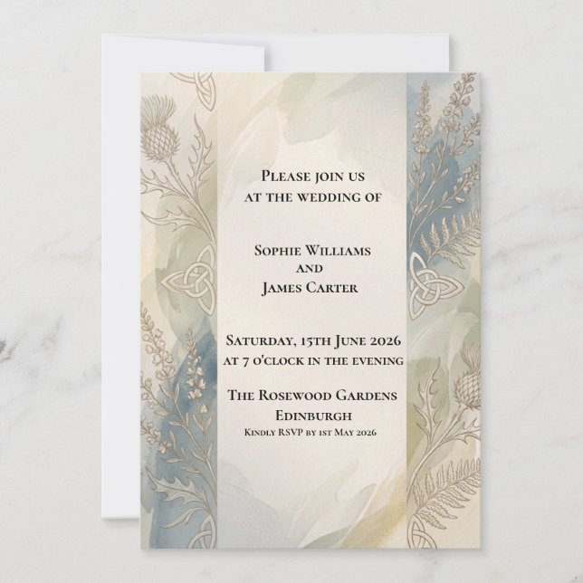 Sage Celtic Trinity Botanical Scottish Wedding Invitation (Front)