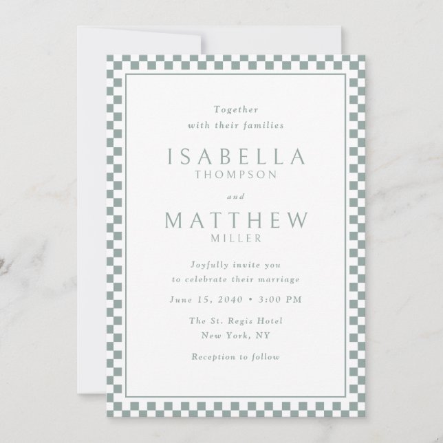 Sage Checker Frame Wedding Invitation (Front)