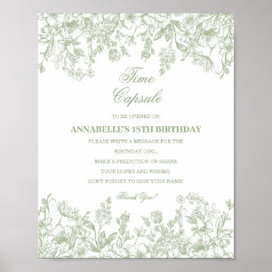 Sage Chinoiserie Floral Time Capsule Baby Birthday Poster