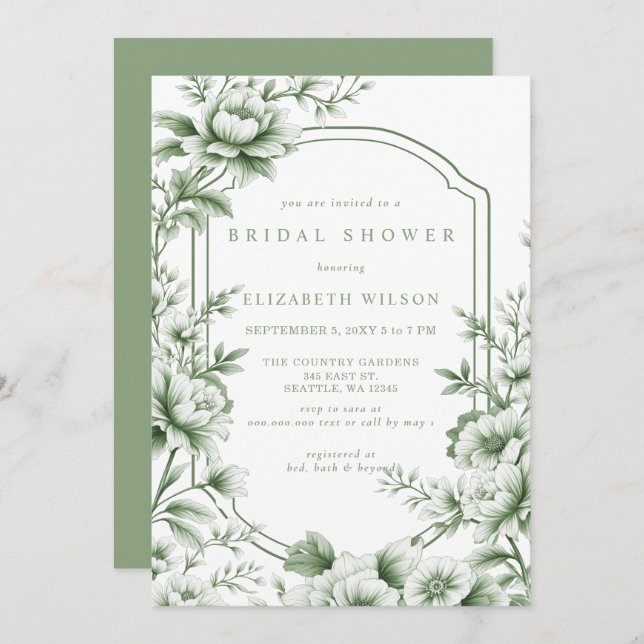 Sage Chinoiserie Toile Floral Bridal Shower Invitation (Front/Back)