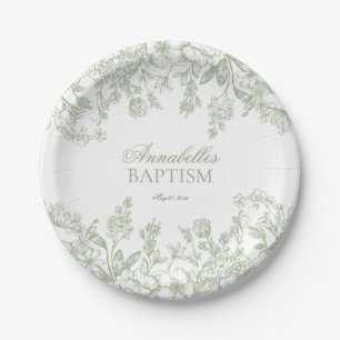 Sage Chinoiserie Vintage Floral Baptism Dessert Paper Plate