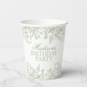 Sage Chinoiserie Vintage Floral Birthday Paper Cups