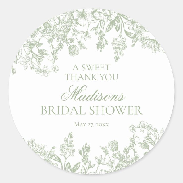 Sage Chinoiserie Vintage Floral Bridal Shower Classic Round Sticker (Front)