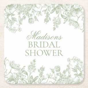 Sage Chinoiserie Vintage Floral Bridal Shower Square Paper Coaster