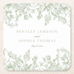 Sage Chinoiserie Vintage Floral Wedding Favours Square Paper Coaster
