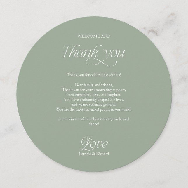 Sage Circle Wedding Menu and Thank You Place Card (Front)