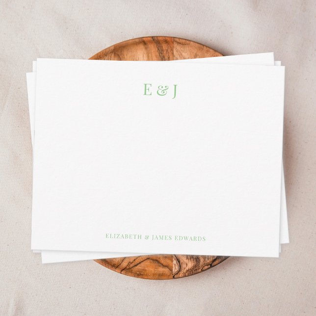 Sage Classic Elegant Couple Initials Personalised Card (Sage green classic elegant couple monogram note card on brown plate)