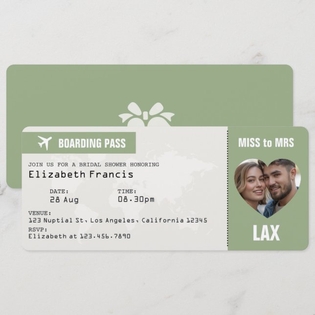 Sage & Cloud Dancer Boarding Pass Bridal Shower Invitation (Front/Back)