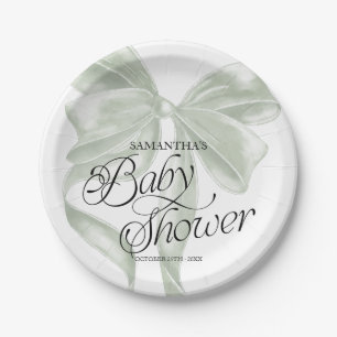 Sage Coquette Bow Baby Shower Paper Plates