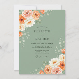 Sage Coral Floral Flourish Wedding Invitation