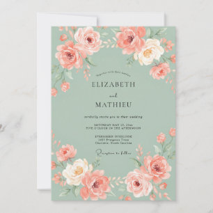 Sage Coral Peony Wedding Invitation
