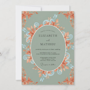 Sage Coral Whimsical Floral Wedding Invitation