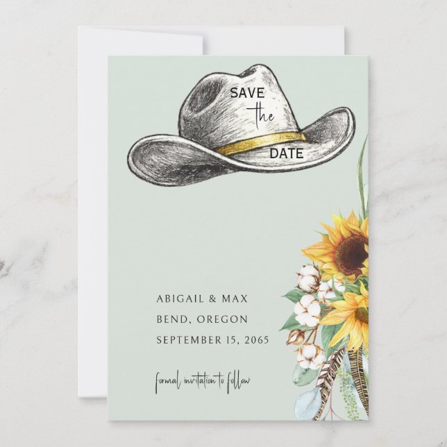 Sage Cowboy Hat Sunflower Wedding Save the Date (Front)