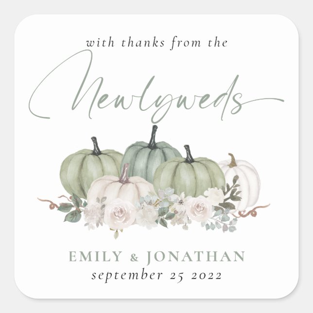Sage Cream Pumpkins Florals Thanks from Newlyweds Square Sticker (Front)