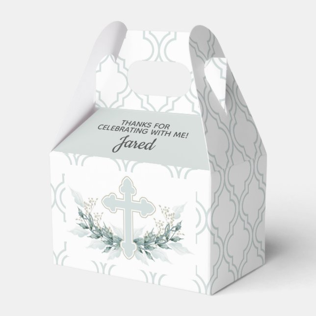 Sage Cross on Quatrefoil Party Favour Box (Front Side)