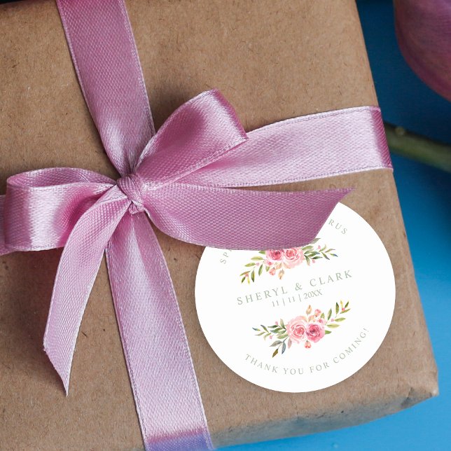 Sage Custom Pink Garland Wreath Wedding Sanitizer Classic Round Sticker (Creator Uploaded)