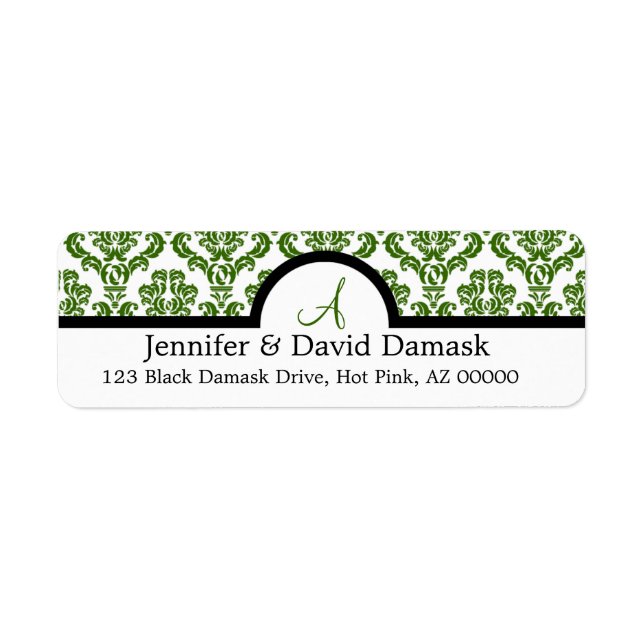 Sage Damask Wedding Monogram Address Labels (Front)