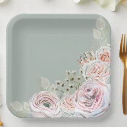 Sage Delicate watercolor flower palepink Birthday Paper Plate