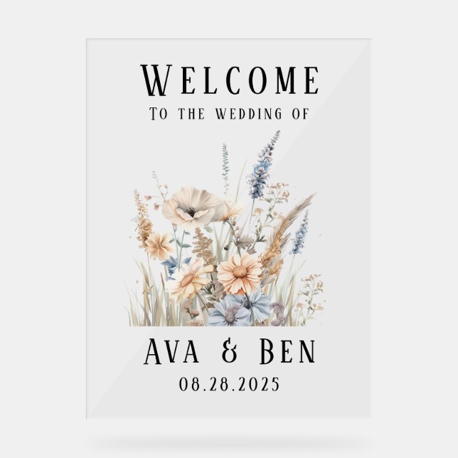 Sage Dusty Blue Wildflowers Wedding Welcome Sign (Front)