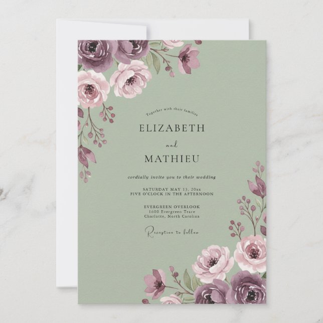 Sage Dusty Floral Romance Wedding Invitation (Front)
