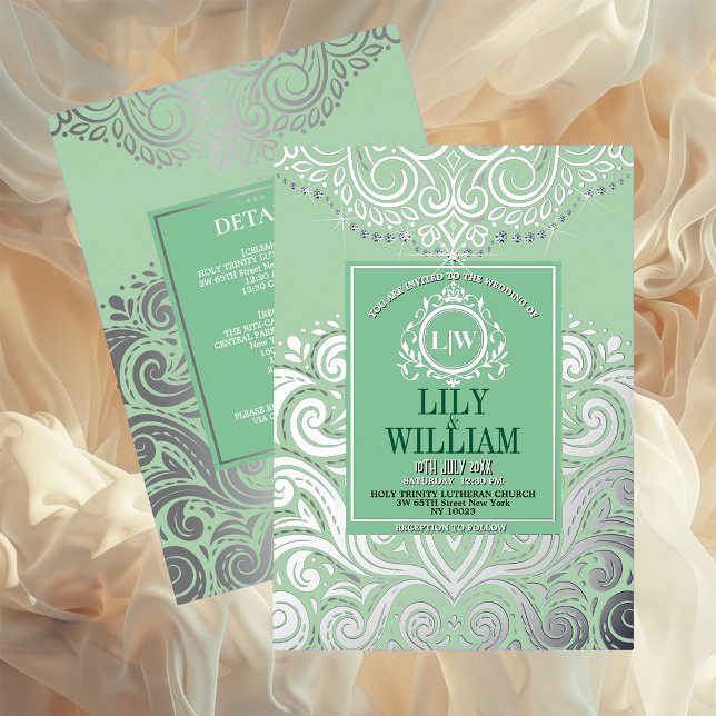 Sage Elegant Artdeco Diamond Monogram Wedding (Luxurious Elegant Classic Boho Wedding Invitation - Real Foil and Monogram)