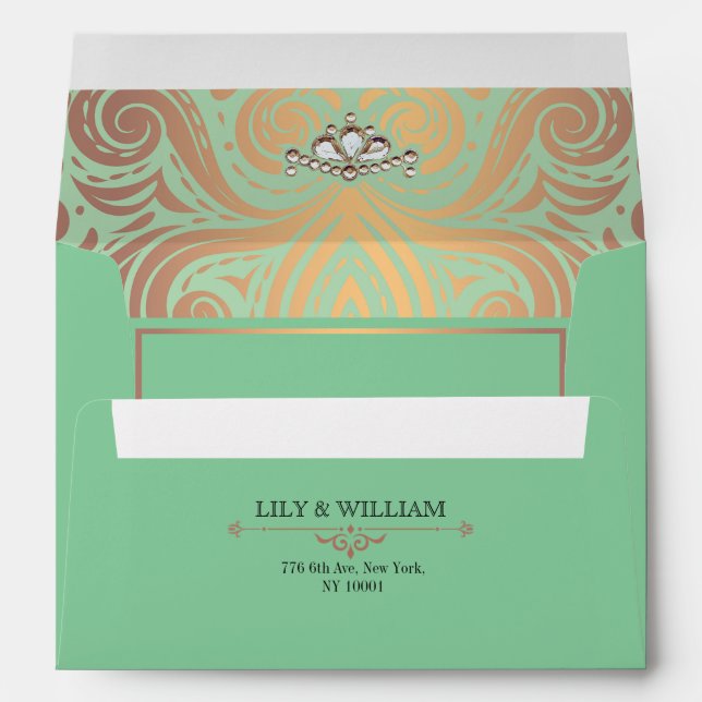 Sage Elegant Artdeco Diamond Rose Gold Wedding Envelope (Back (Bottom))