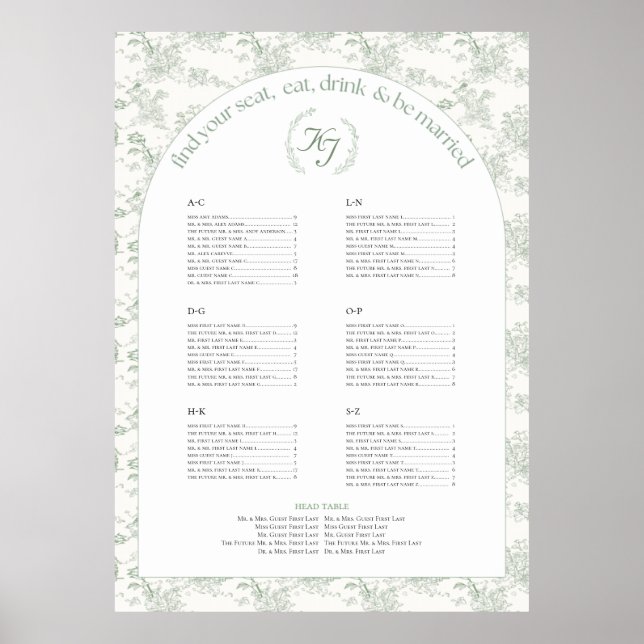 Sage Elegant Toile Seating Chart (Front)