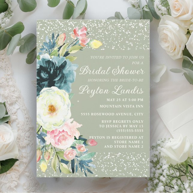 Sage Emerald Green Pink Cream Floral Bridal Shower Invitation (Sage green bridal shower invitation with pink, emerald green, and cream-colored floral
)