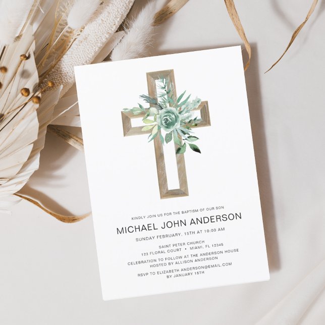 Sage Eucalyptus Baptism Greenery Gold Cross Invitation (Creator Uploaded)