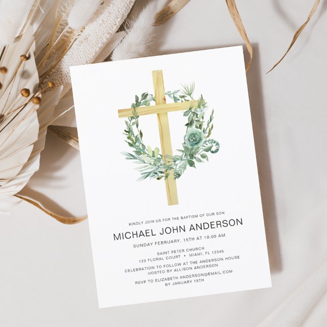 Sage Eucalyptus Baptism Greenery Gold Cross Invitation (Creator Uploaded)