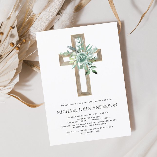 Sage Eucalyptus Baptism Greenery Gold Cross Invitation (Creator Uploaded)