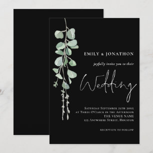 Sage Eucalyptus Modern Script Black Wedding Invitation