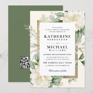 Sage Eucalyptus Rose Ivory & Gold Frame Wedding Invitation